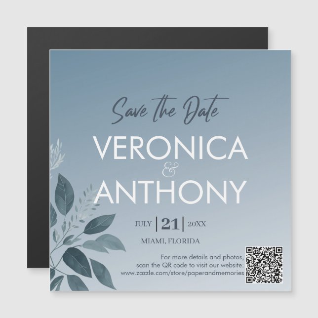 Elegant Dusty Blue Save the Date QR Code Wedding Magneteinladung (Vorne/Hinten)