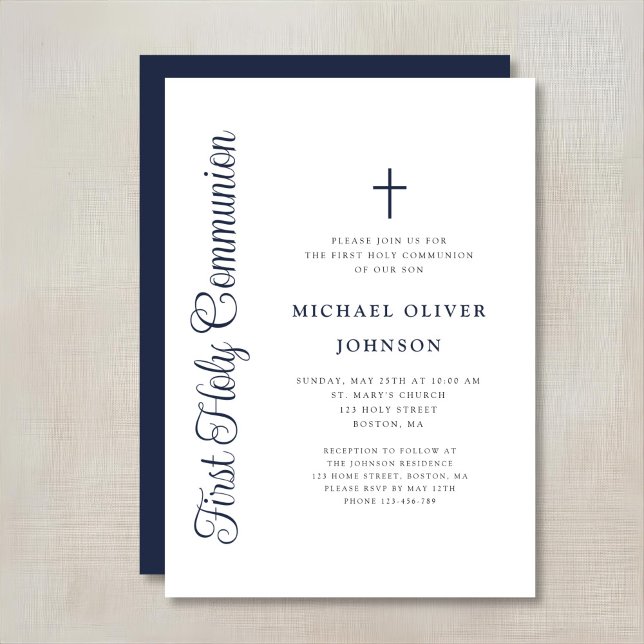 Elegant Dusty Blue Script Boy First Communion Einladung (Von Creator hochgeladen)