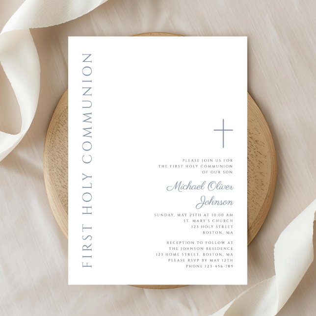 Elegant Dusty Blue Script Erste Heilige Kommunion Einladung (Elegant Dusty Blue Script First Holy Communion Invitation)