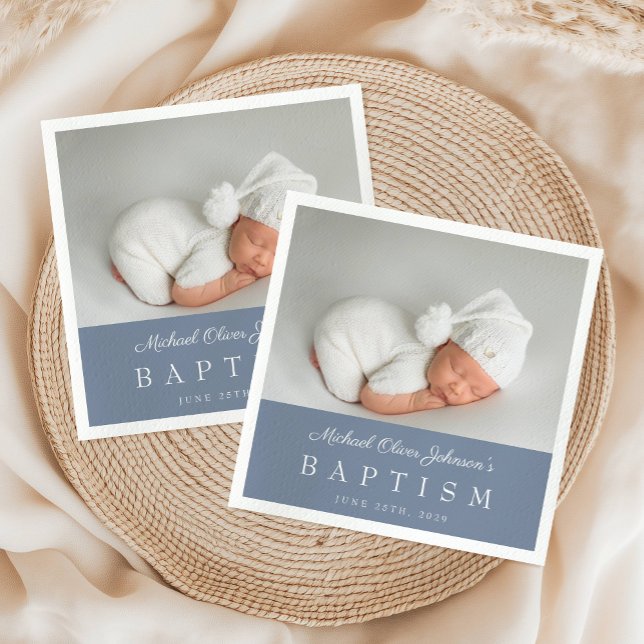 Elegant Dusty Blue Script Foto Boy Baptisse Serviette (Elegant Dusty Blue Script Photo Boy Baptism Napkins)