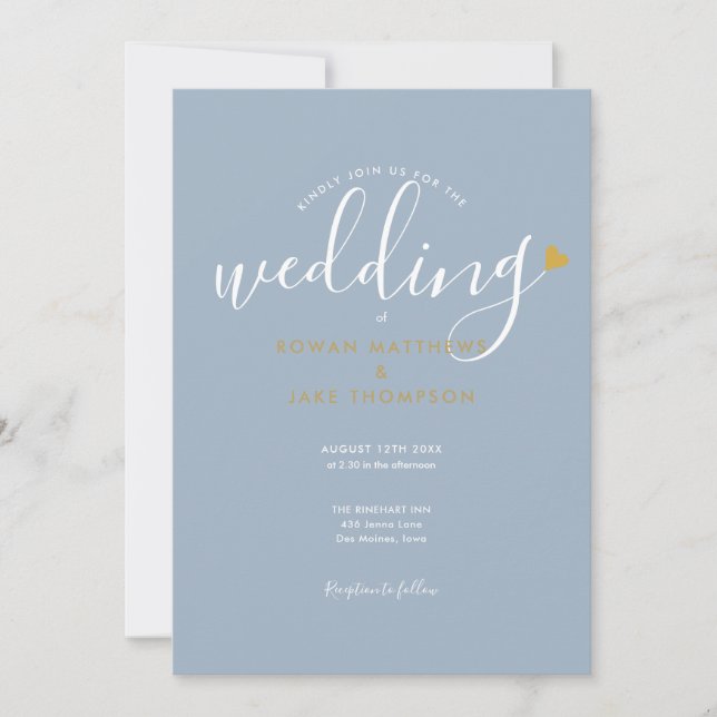 Elegant Dusty Blue Script Gold Heart Wedding Einladung (Vorderseite)