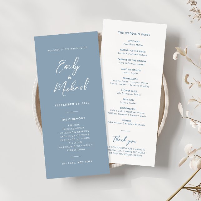 Elegant Dusty Blue Script Minimal Wedding Program Einladung (Von Creator hochgeladen)