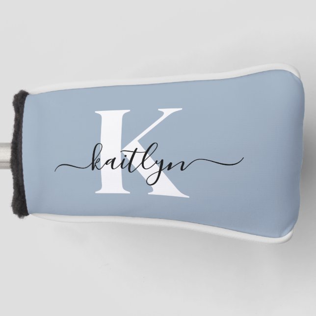 Elegant Dusty Blue Script Monogram Golf Headcover (Vorderseite)