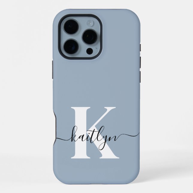 Elegant Dusty Blue Script Monogram iPhone Hülle (Rückseite)