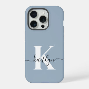 Elegant Dusty Blue Script Monogram iPhone 15 Pro Hülle