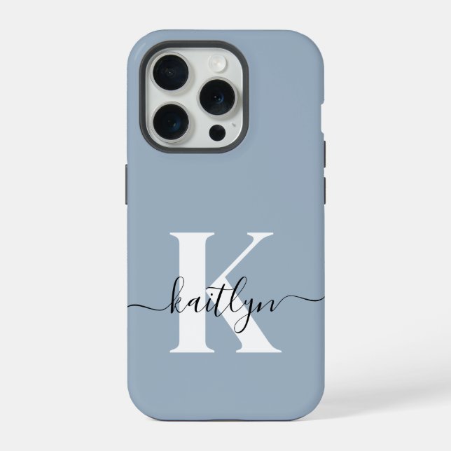 Elegant Dusty Blue Script Monogram iPhone Hülle (Rückseite)
