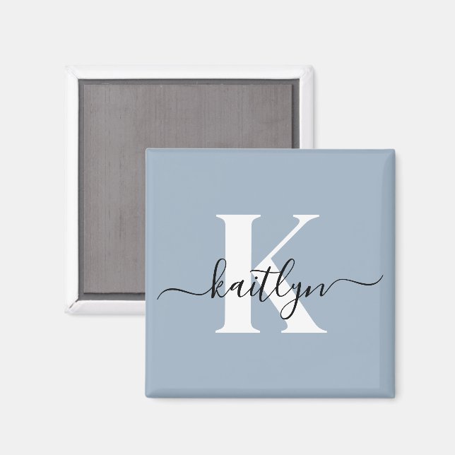 Elegant Dusty Blue Script Monogram Magnet (Vorderseite/Rückseite)