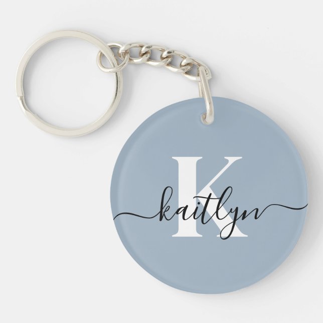 Elegant Dusty Blue Script Monogram Schlüsselanhänger (Vorderseite)