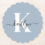 Elegant Dusty Blue Script Monogram Untersetzer<br><div class="desc">Diese schlichten, eleganten, dustig blauen Untersetzer mit abgerundeten Kanten mit Ihrem Vornamen in einem trendigen Schriftart in schwarz und Ihr erster Einstieg in einen modernen Schriftart mit weißer Kappe sind ideal zum behalt von Tischen und Zählern, die frei von Wasserringen sind. Sie nehmen Tröpfchen auf, damit Sie sich keine Sorgen...</div>