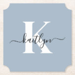 Elegant Dusty Blue Script Monogram Untersetzer<br><div class="desc">Diese schlichten, eleganten, staubblauen Ticketformate mit Ihrem Vornamen in einem trendigen Schriftart in schwarz und Ihre erste Aufnahme in einem modernen Schriftart in Weiß sind ideal, um Ihre Tische und Zähler frei von Wasserringen behalten. Sie nehmen Tröpfchen auf, damit Sie sich keine Sorgen machen müssen, wenn Sie unterhalten oder einen...</div>