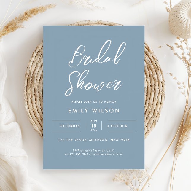 Elegant Dusty Blue Script Typography Bridal Shower Einladung (Elegant white calligraphy on a dusty blue background for a simple, minimal style)