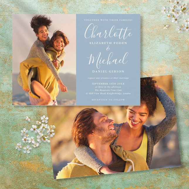 Elegant Dusty Blue Signature Script Fotos Hochzeit Einladung (Von Creator hochgeladen)