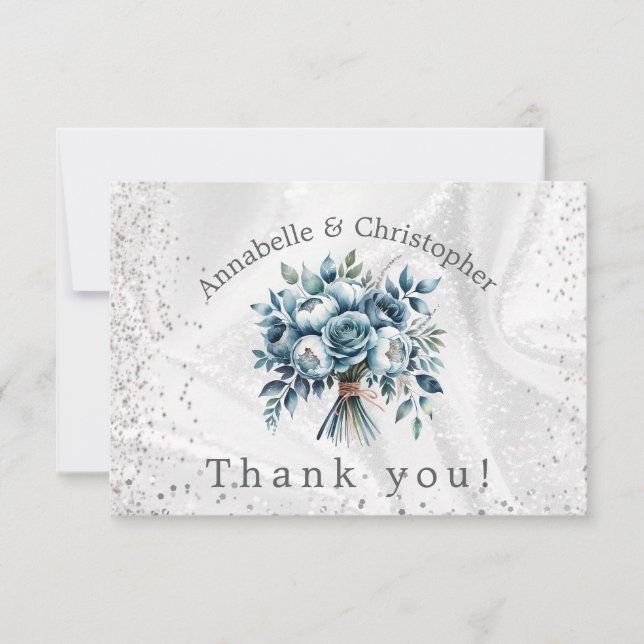 Elegant Dusty Blue Silver Bouquet Wedding Dankeskarte (Vorderseite)