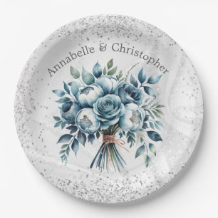Elegant Dusty Blue Silver Bouquet Wedding Pappteller