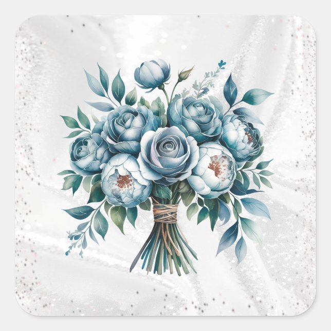 Elegant Dusty Blue Silver Bouquet Wedding Quadratischer Aufkleber (Vorderseite)