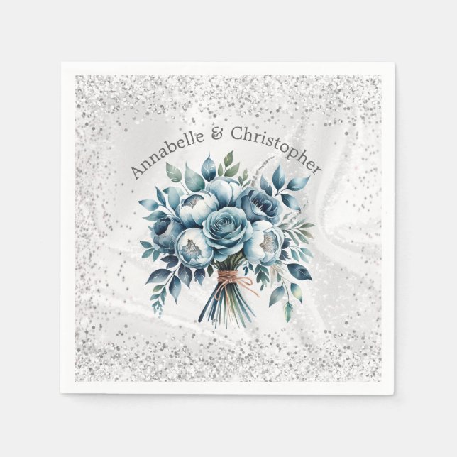 Elegant Dusty Blue Silver Bouquet Wedding Serviette (Vorderseite)