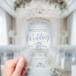 Elegant Dusty Blue & Silver Calligraphy Wedding Acryleinladungen<br><div class="desc">These beautiful acrylic wedding invitations feature a design that is elegant,  classy,  stylish,  and glam with fancy dusty blue script calligraphy and delicate silver curls and swirls in the corners. Wonderful way to create a lasting impression and invite your guests to share in your joy on your special day!</div>