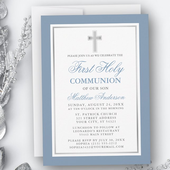 Elegant Dusty Blue Silver First Holy Communion Einladung (Customize to change text size, color or text style.)