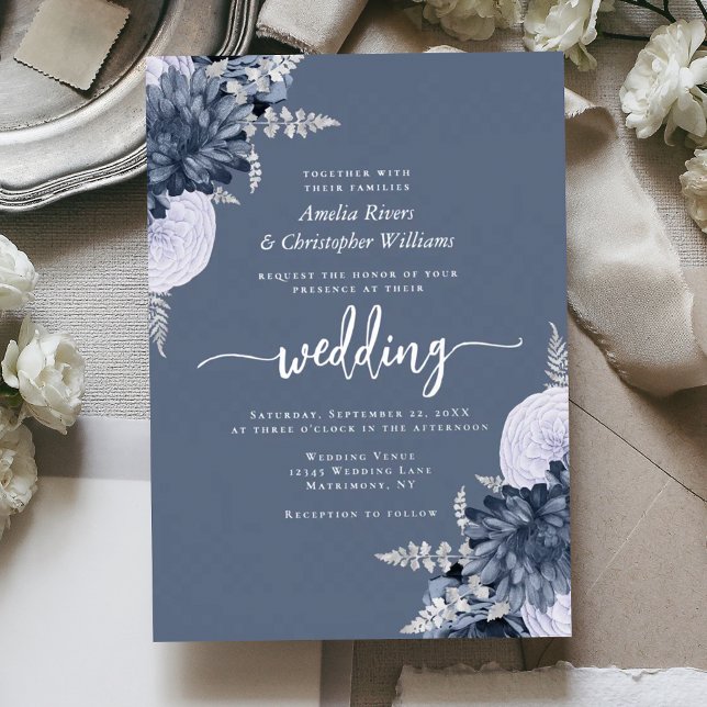 Elegant Dusty Blue Silver Floral Wedding Folieneinladung (Von Creator hochgeladen)