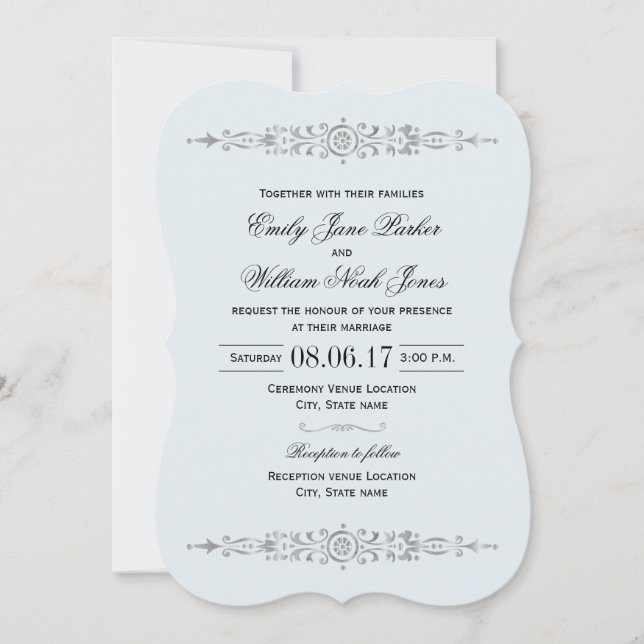 Elegant Dusty Blue Silver Wedding Einladung (Vorderseite)