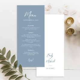 Elegant Dusty Blue Simple Calligraphy Wedding Menükarte