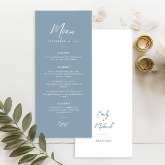 Elegant Dusty Blue Simple Calligraphy Wedding  Menükarte