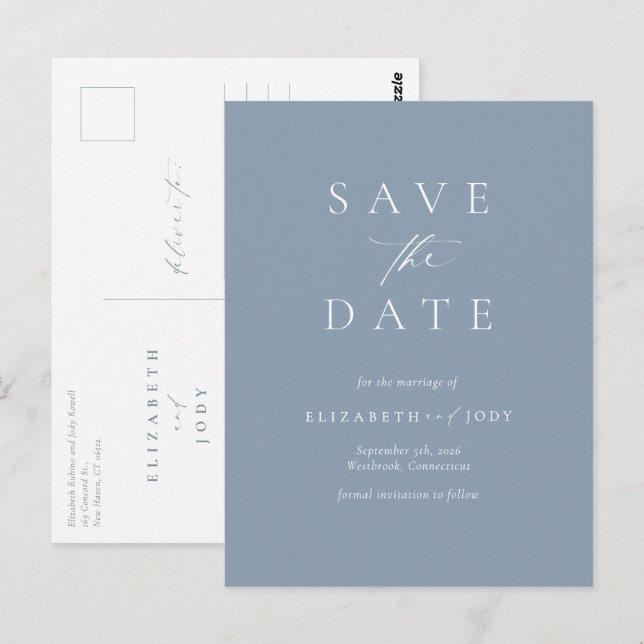 Elegant Dusty Blue Simple Save The Date Postkarte (Vorne/Hinten)