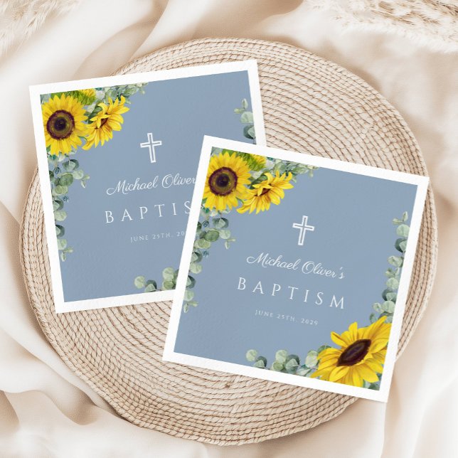 Elegant Dusty Blue Sonnenblume Religiöse Taufe Serviette (Elegant Dusty Blue Sunflower Religious Baptism Napkins)