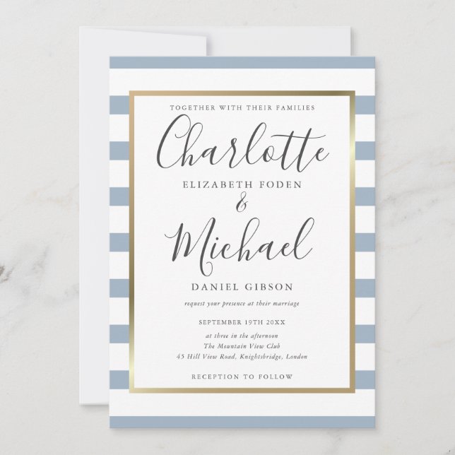 Elegant Dusty Blue Stripe Script Wedding Einladung (Vorderseite)