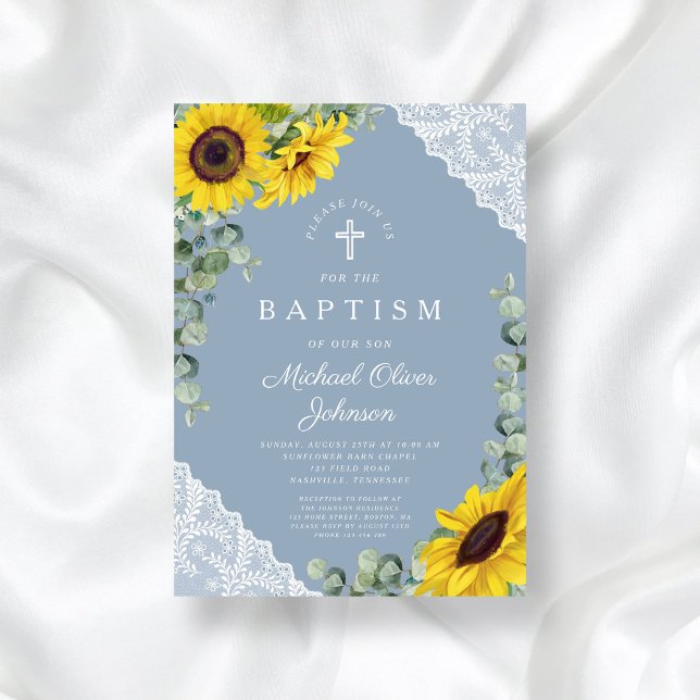 Elegant Dusty Blue Sunflowers Cross Taufe Einladung (Elegant Dusty Blue Sunflowers Cross Baptism Invitation)