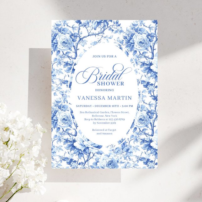 Elegant Dusty Blue Toile de Jouy Bridal Shower  Einladung (Elegant Dusty Blue Toile de Jouy Bridal Shower Invite)