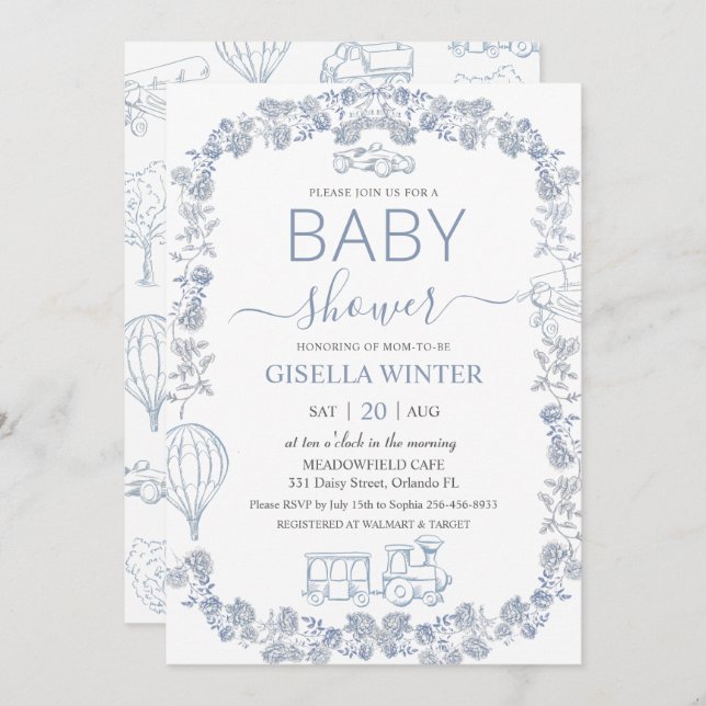 Elegant Dusty Blue Toile Floral Boy Baby Shower  Einladung (Vorne/Hinten)