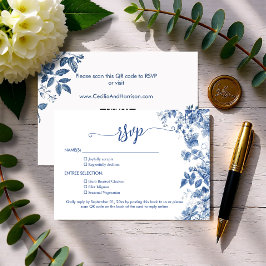 Elegant Dusty Blue Toile Floral  QR Code Wedding RSVP Karte