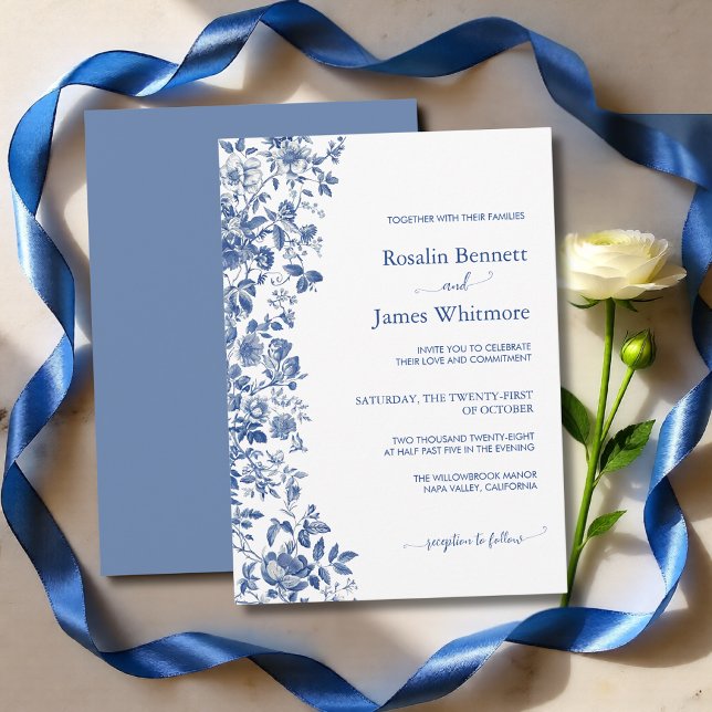Elegant Dusty Blue Toile Floral Wedding Einladung (Elegant Dusty Blue Toile Floral Wedding Invitation)