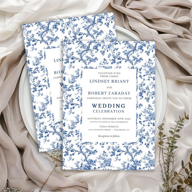 Elegant Dusty Blue Toile Floral Wedding Invitation Einladung (Elegant Dusty Blue Toile Floral Wedding Invitation)