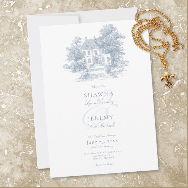 Elegant Dusty Blue Toile French Manor Wedding Einladung (Elegant Dusty Blue Toile French Manor Wedding Invitation)