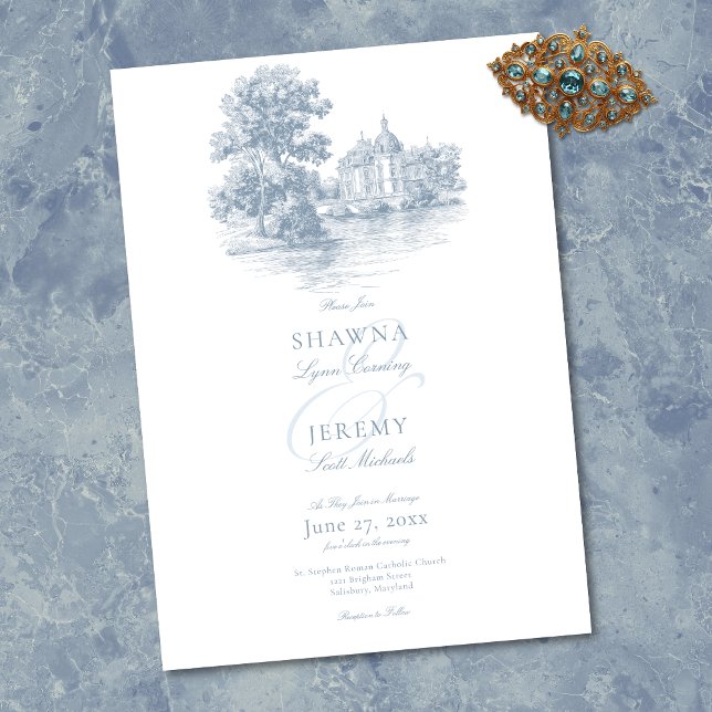 Elegant Dusty Blue Toile French Manor Wedding Einladung (Elegant Dusty Blue Toile French Manor Wedding Invitation)