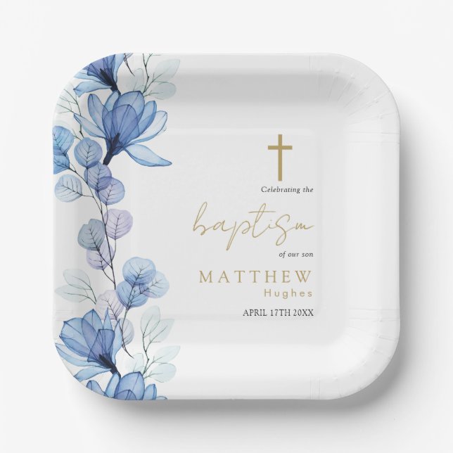 Elegant Dusty Blue Transparent Floral Taufe Pappteller (Vorderseite)