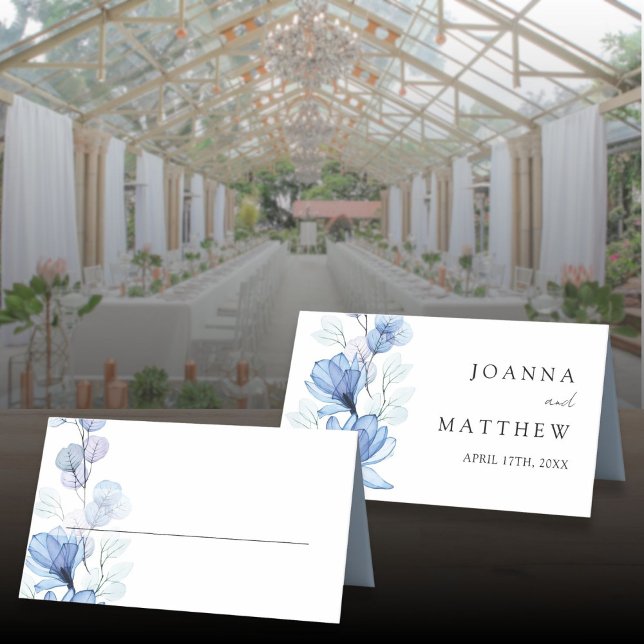 Elegant Dusty Blue Transparent Floral Wedding Platzkarte (Elegant Dusty Blue Transparent Floral Wedding Place Card)