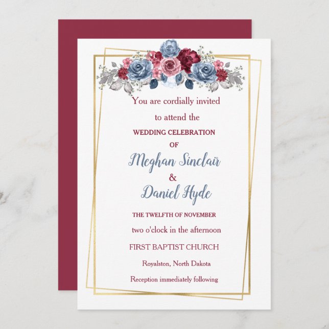 Elegant Dusty Blue und Burgundy Wedding Einladung (Vorne/Hinten)