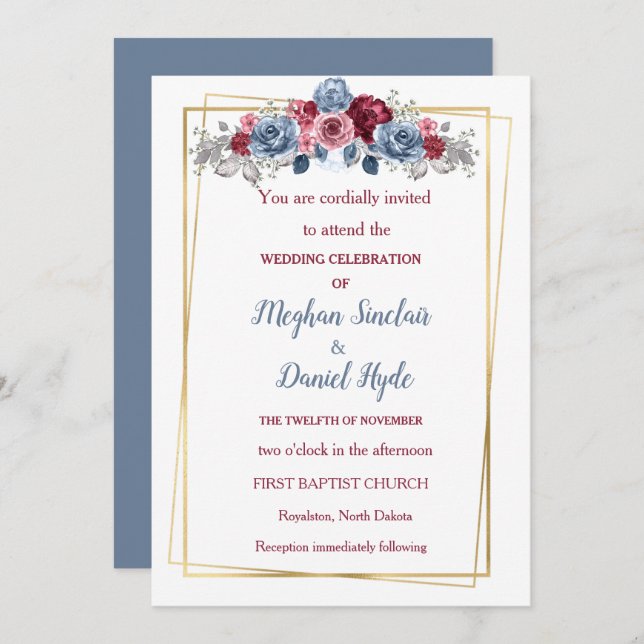 Elegant Dusty Blue und Burgundy Wedding Einladung (Vorne/Hinten)