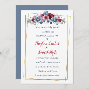 Elegant Dusty Blue und Burgundy Wedding Einladung