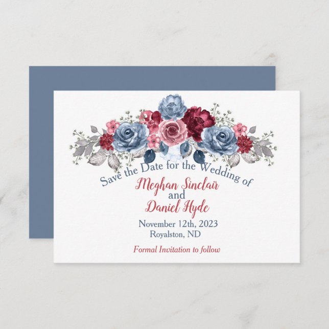Elegant Dusty Blue und Burgundy Wedding Save The Date (Vorne/Hinten)
