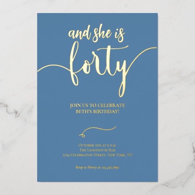 Elegant Dusty Blue und Gold 40 BIRTHDAY CARD Folieneinladung (Vorderseite)