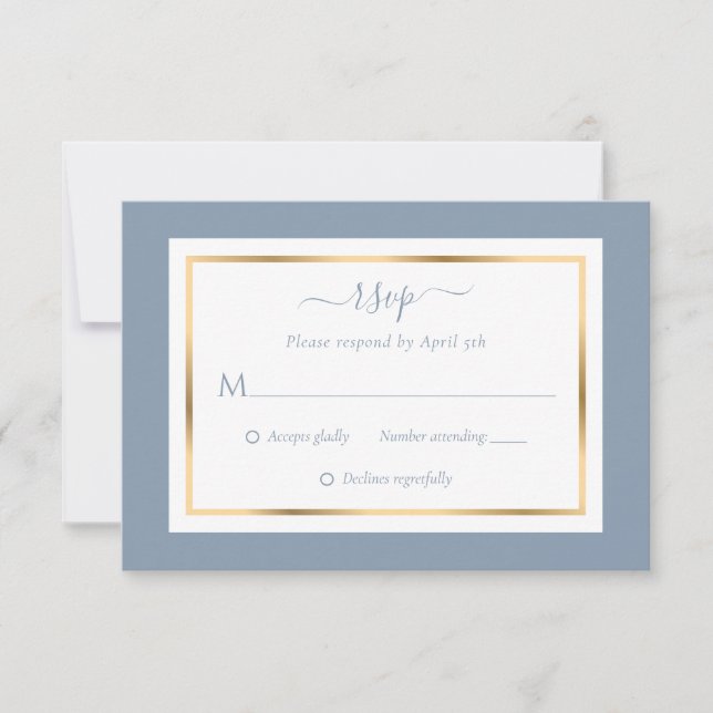 Elegant Dusty Blue und Gold Wedding RSVP Karte (Vorderseite)