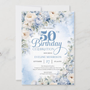 Elegant Dusty Blue und Ivory Blume 50. Geburtstag Einladung