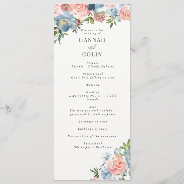 Elegant Dusty Blue und Rose Floral Swag Programm (Vorderseite)