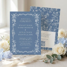 Elegant Dusty Blue Vintage QR Code RSVP Wedding Einladung