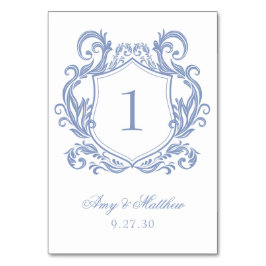 Elegant Dusty Blue Wappen Wedding Tischnummer