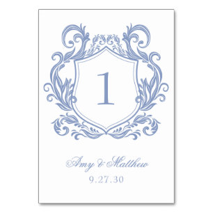 Elegant Dusty Blue Wappen Wedding Tischnummer